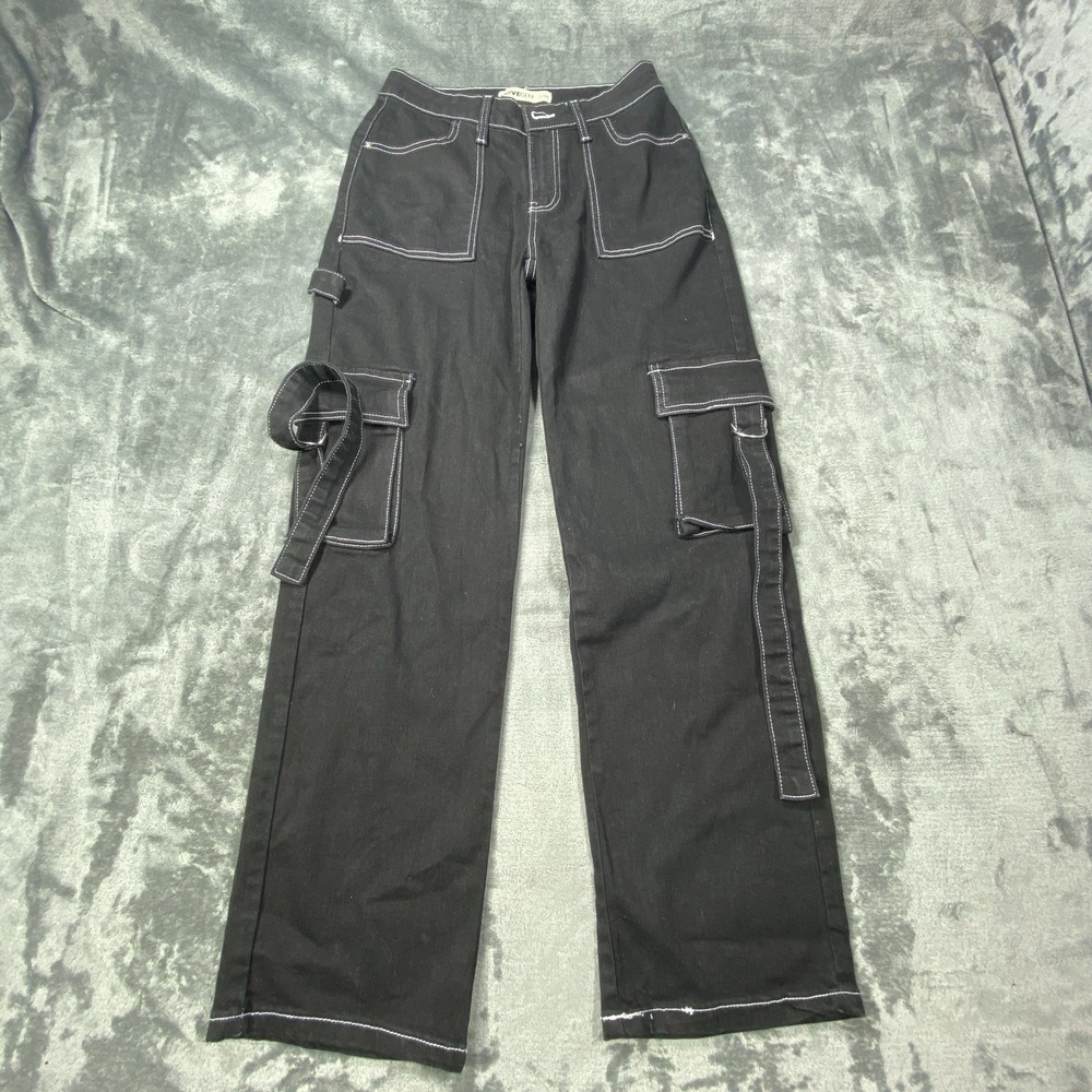 Lovegen Women Cargo Pants Small Black Y2K Streetwear Wide Leg Strap Pants Grunge